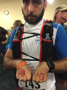 A shortage of safety pins meant writing bib numbers on hands. 